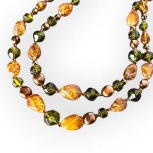 Stamped W. GERMANY vintage green and amber tone crackle bead necklace